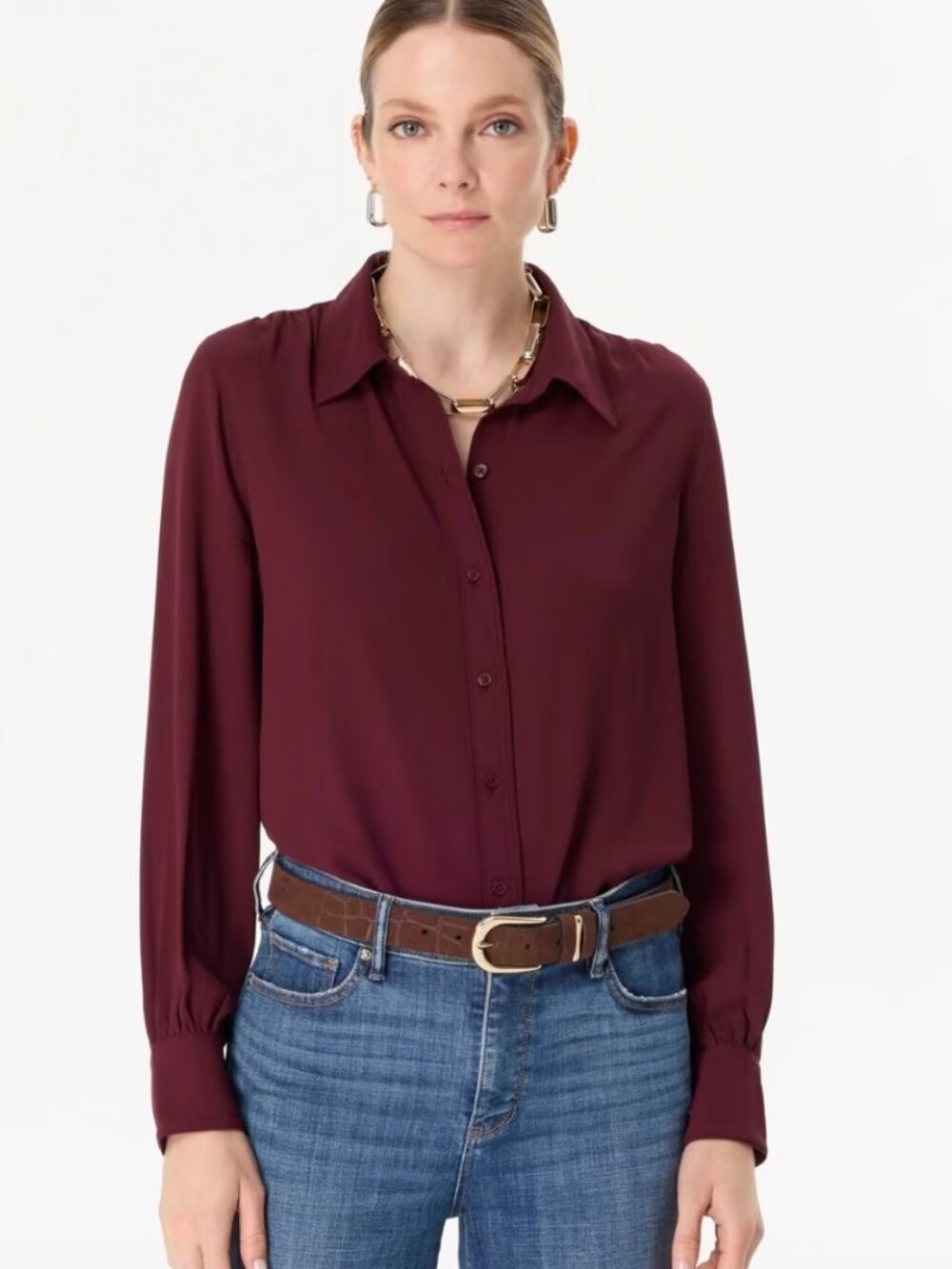 White House Black Market Burgundy Button-Front Collared Blouse Size L